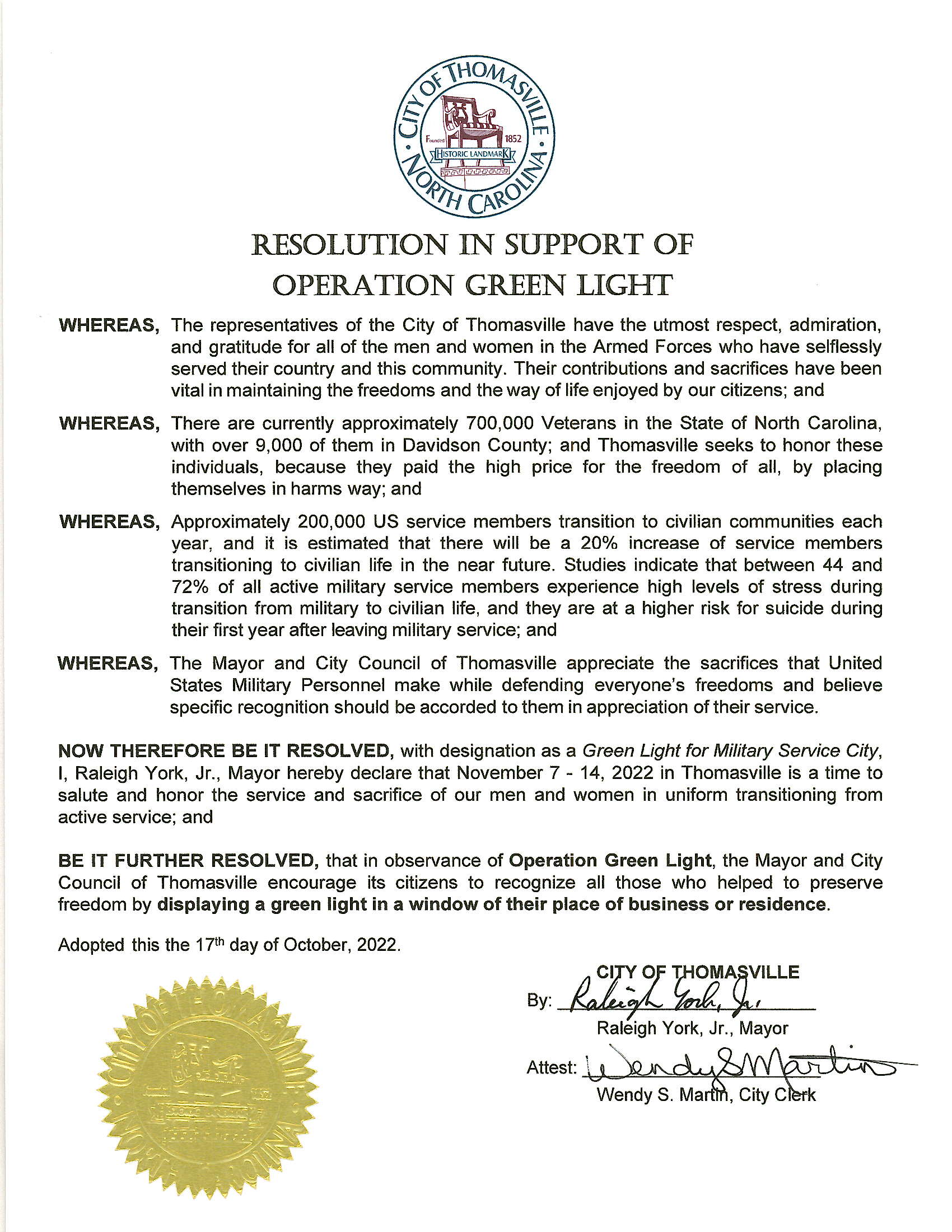 Resolution in Support of Operation Green Light